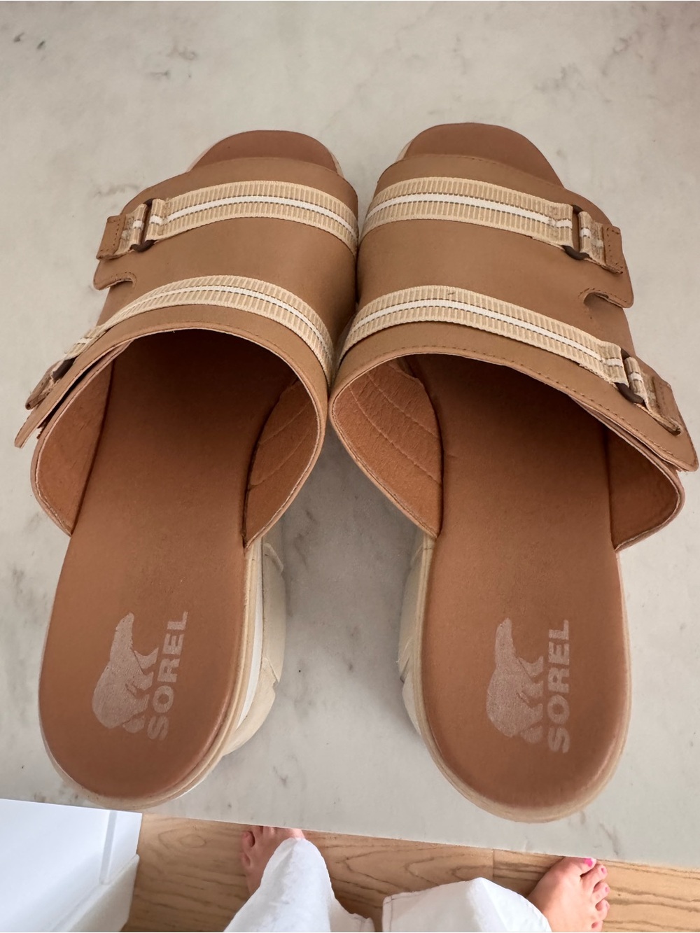 Sorel Tan Slide Sandals with Cream Straps